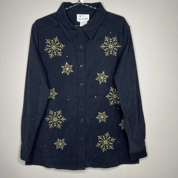 The Quacker Factory Black Button-up Stretch Snowflake Christmas Shirt Sz L - Picture 9 of 9